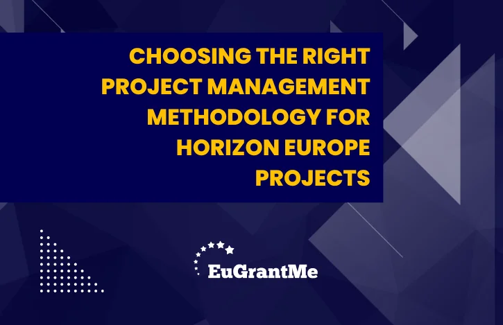 blue background with the title "choosing the right project management methodology for horizon europe projects"