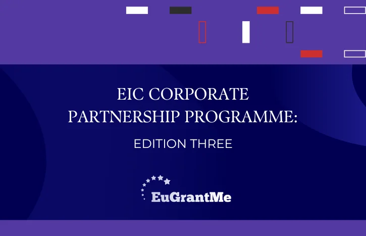 Blue and purple background with blog post title: "EIC Corporate Partnership Programme: Edition Three"